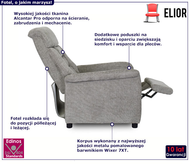 Szary wygodny fotel z funkcją rozkładania Lint