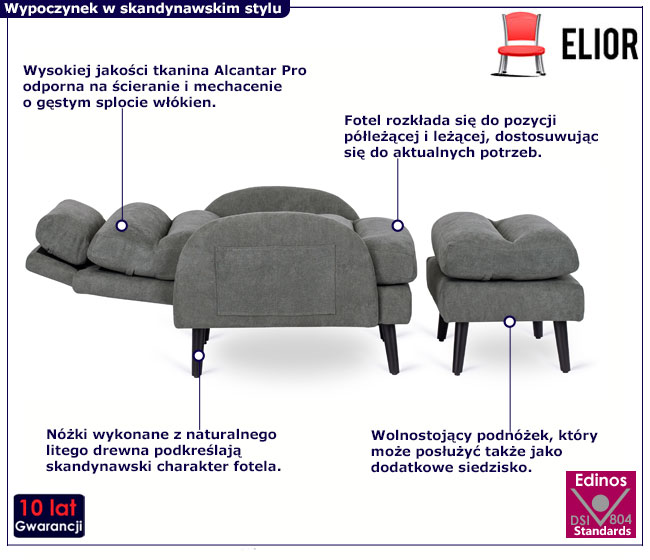 Szary rozkładany fotel wypoczynkowy z podnóżkiem Stax