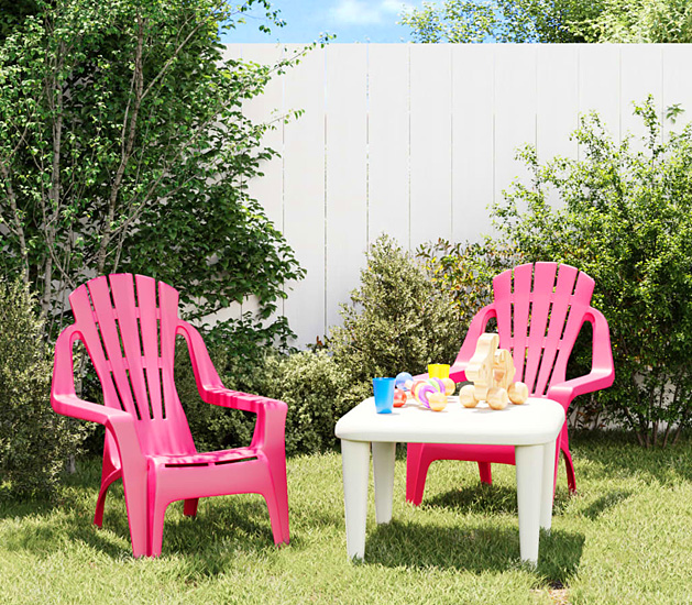 Wizualizacja kompletu różowych krzeseł ogrodowych Laromi 