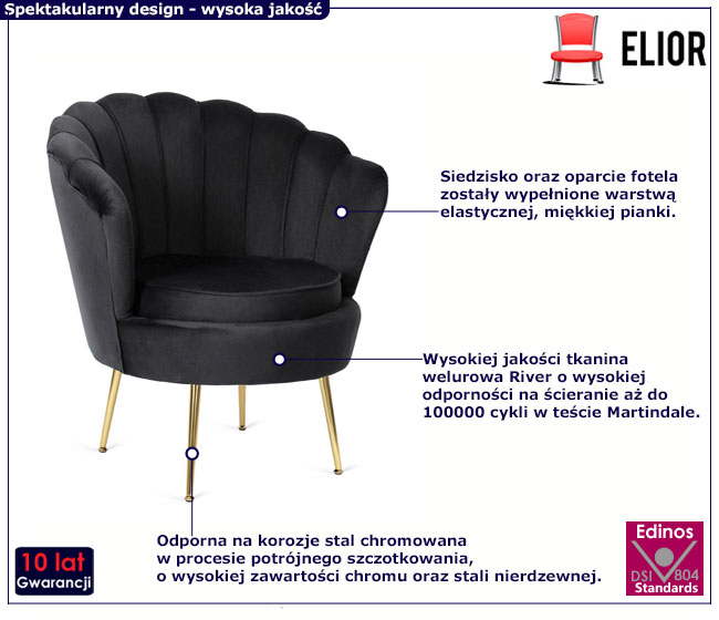 Czarny fotel muszelka w stylu glamour Apro