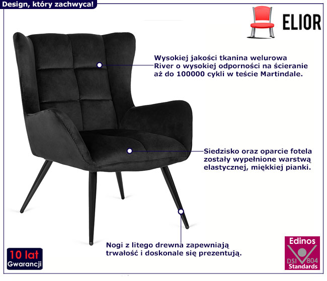 Czarny fotel pikowany Drefo