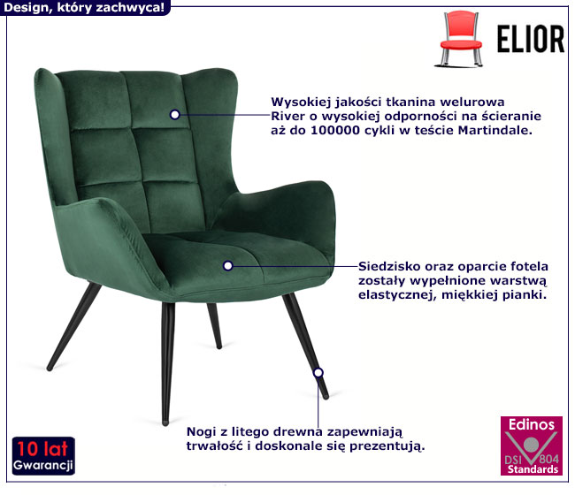 Zielony fotel pikowany welurowy Drefo