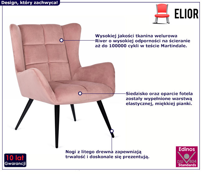 Różowy fotel pikowany welurowy Drefo