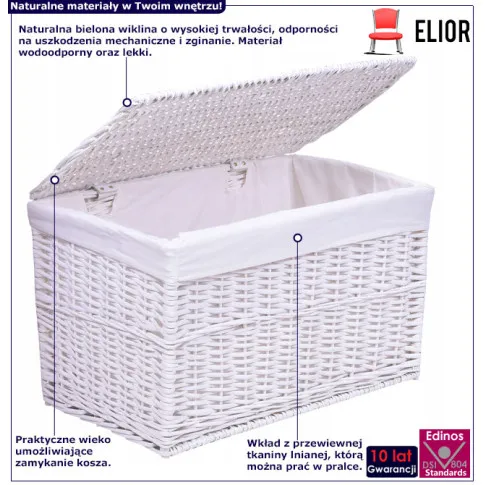 infografika białego kosza kufra wiklinowego z białym wkładem 105l Zuna 4X
