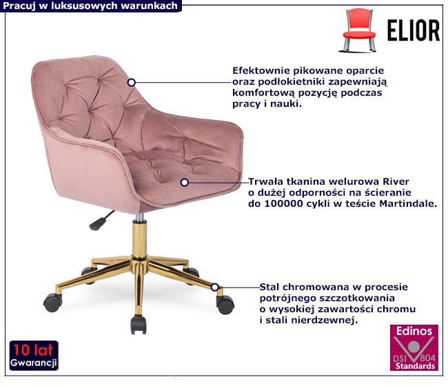Różowy welurowy fotel obrotowy glamour Xami 4X