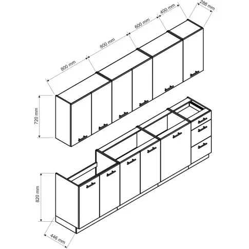 Wymiary zestawu szafek kuchennych 260cm Madlen 37X