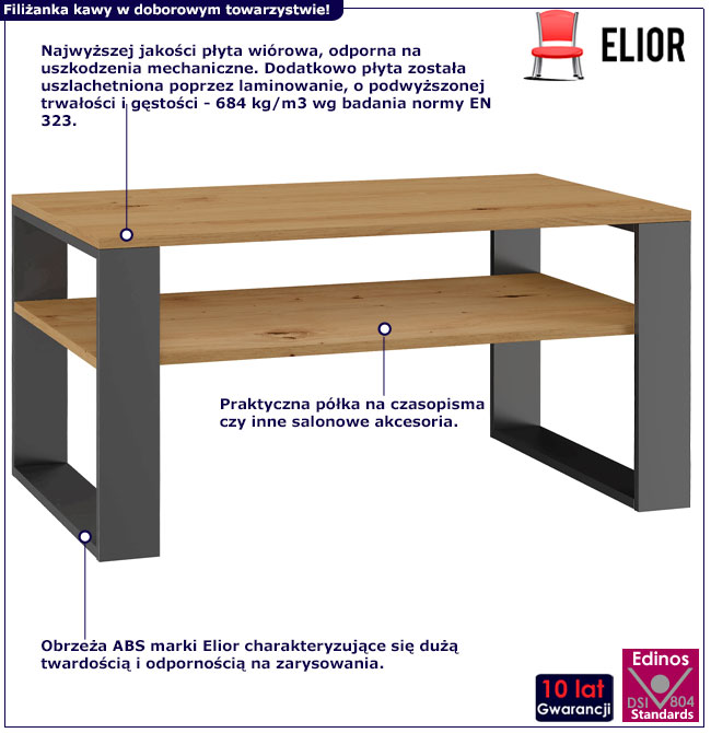 Infografika ławy kawowej z półką dąb artisan + antracyt Suri 4X