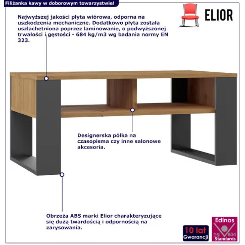 infografika stolika kawowego z dzieloną półką artisan antracyt Suri 5X