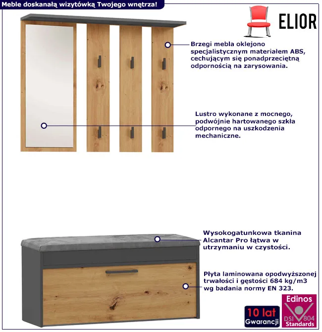 Infografika garderoby z lustrem do przedpokoju dąb artisan + antracyt Riamia 3X