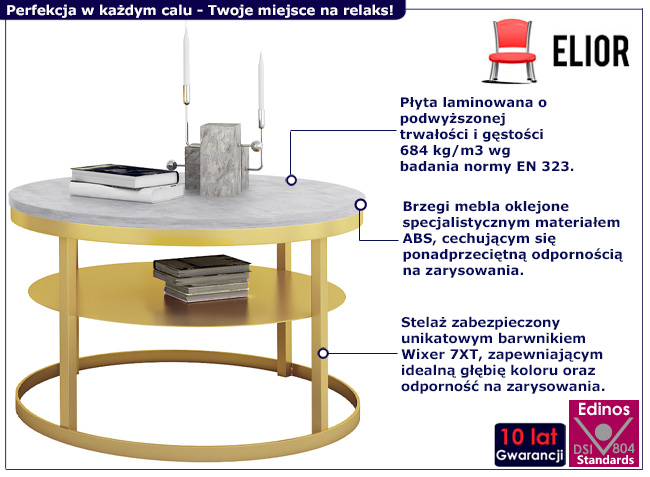 Okrągły stolik kawowy Robini 3X złoty+beton