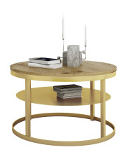 Okrągły stolik kawowy z półką złoty + dąb artisan - Robini 3X w sklepie Edinos.pl