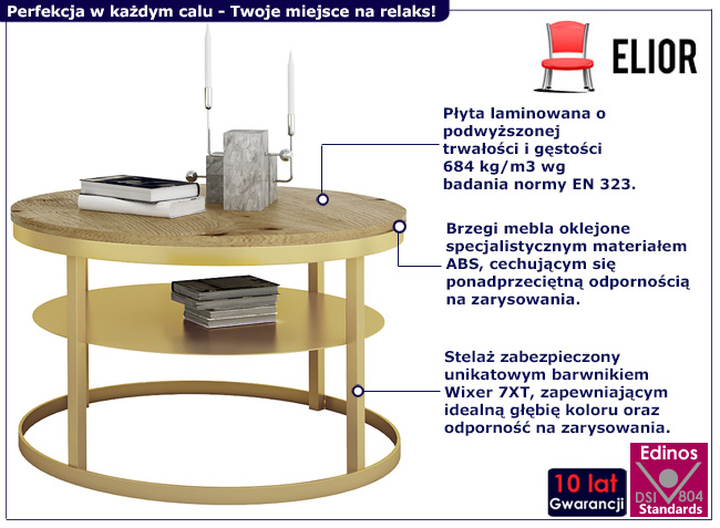 Okrągły stolik kawowy Robini 3X złoty+dąb artisan