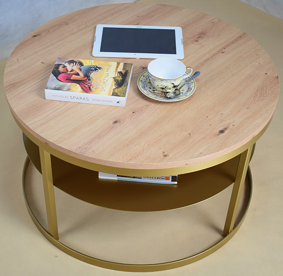 Dwupoziomowy stolik kawowy Robini 3X złoty+dąb artisan