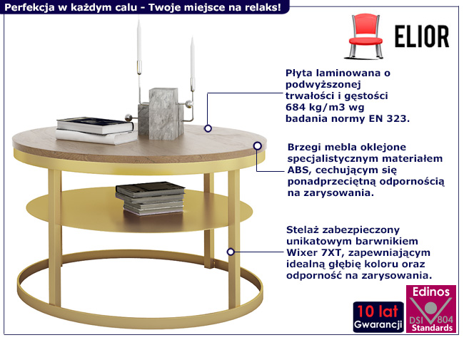 Okrągły stolik kawowy Selpa 3X złoty+dąb lancelot