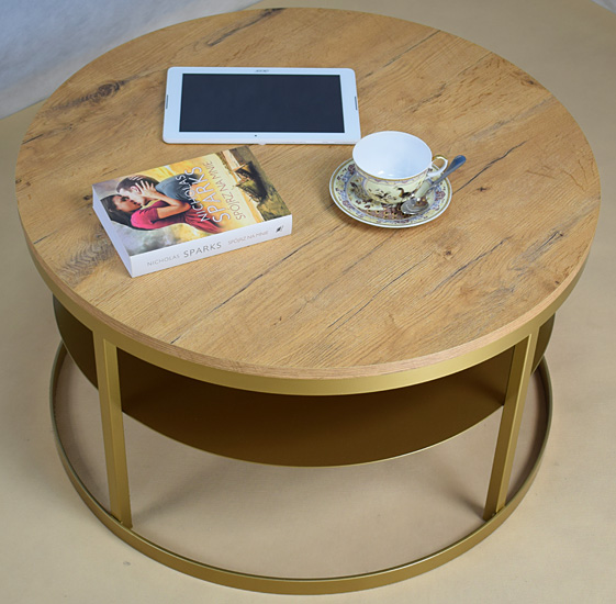 Dwupoziomowy stolik kawowy Robini 3X złoty+dąb lancelot