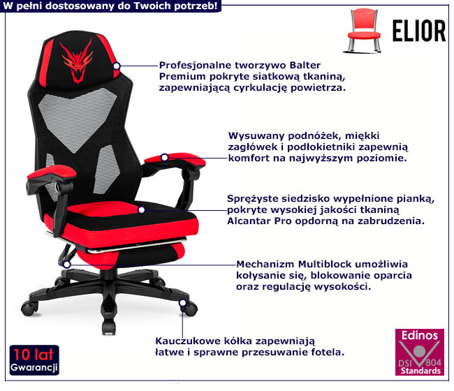 Czarno-czerwony fotel gamingowy z podnóżkiem Trexol