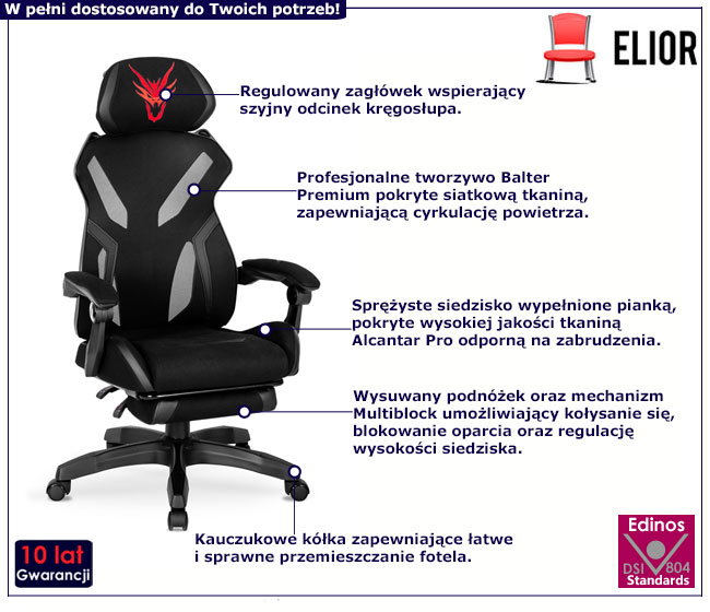 Czarny fotel gamingowy z podnóżkiem Talbin