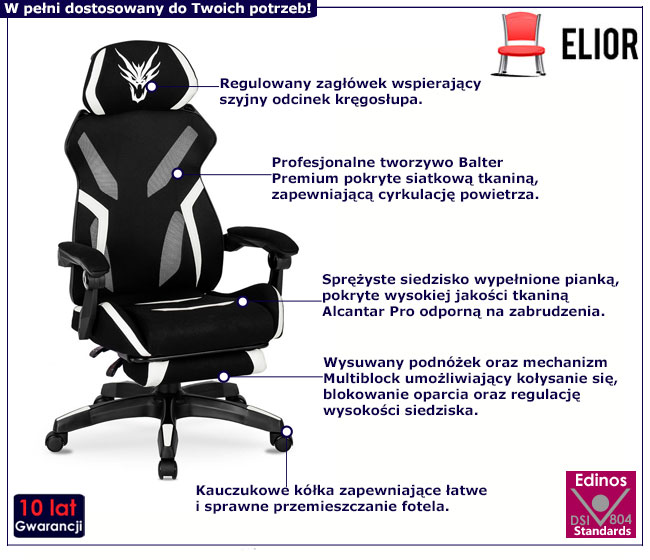 Czarno--biały fotel obrotowy gamingowy z podnóżkiem Lunari