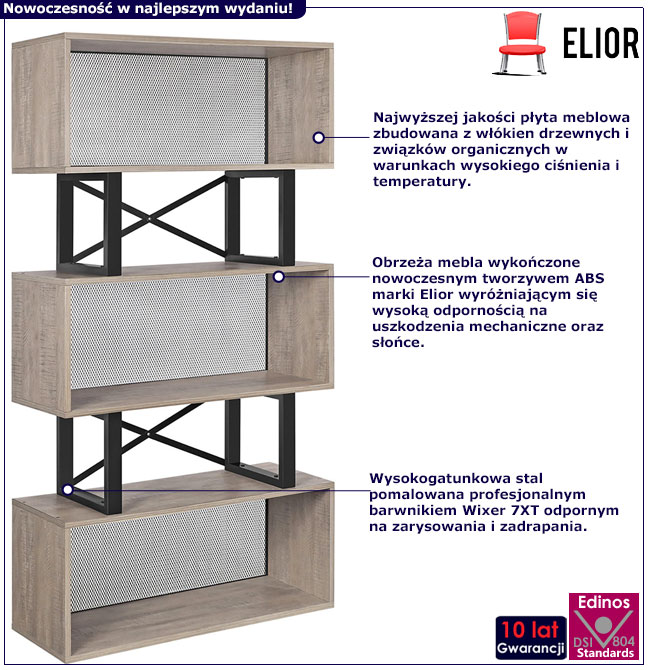 Infografika industrialnego regału do salonu Prince 4X