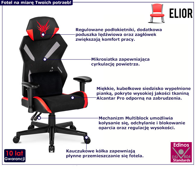 Czarno-czerwony fotel obrotowy dla graczy z regulacją podłokietników Voxi