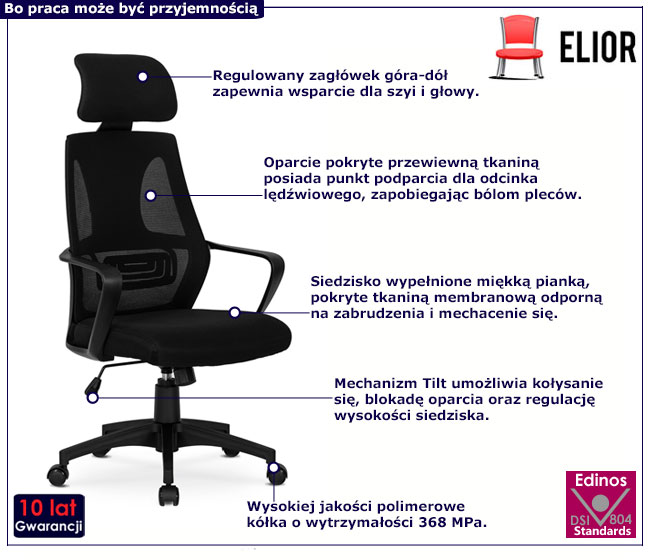 Czarny ergonomiczny fotel pracowniczy Tevo