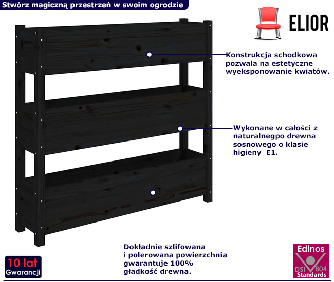 Drewniana czarna donica do ogrodu Antos