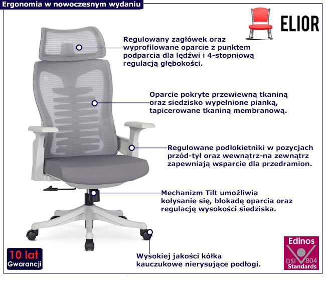 Szary ergonomiczny fotel z regulacją podłokietników i zagłówka Zexi