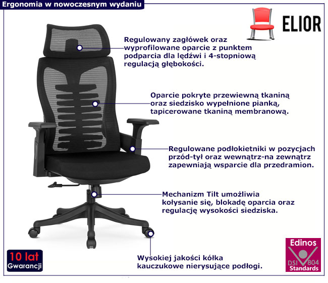 Czarny ergonomiczny fotel z regulacją podłokietników i zagłówka Toria