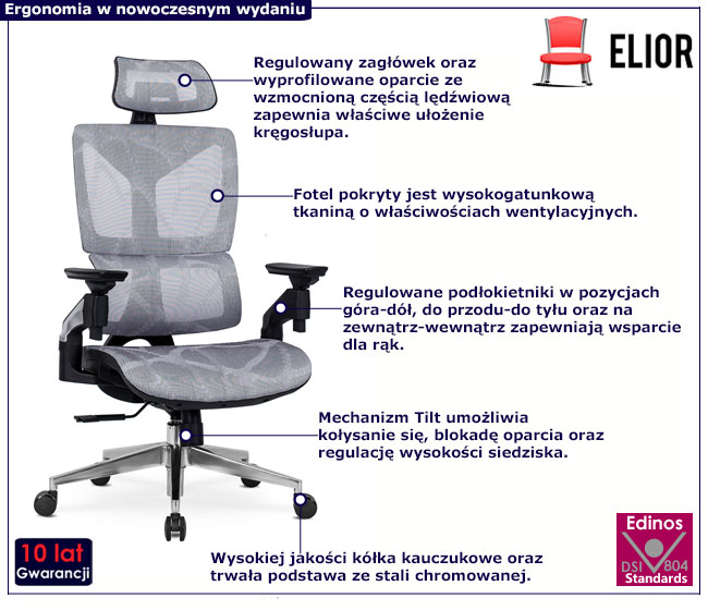 Szary ergonomiczny fotel z regulacją podłokietników i zagłówka Omis