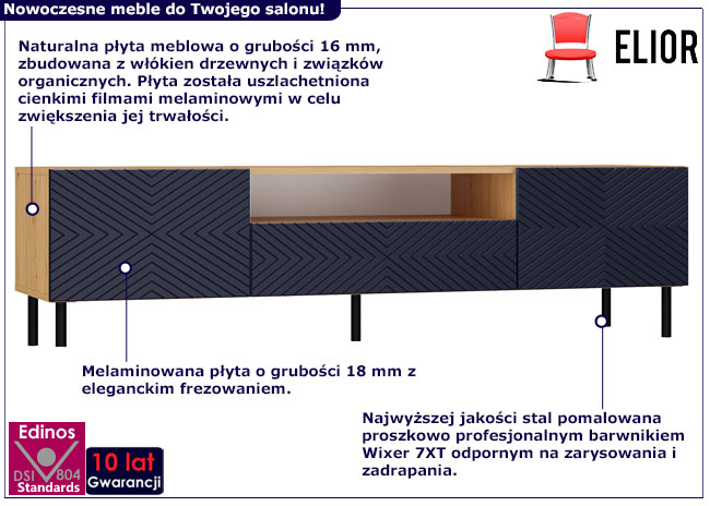 Infografika industrialnej szafki rtv ryflowanej Xeni 3X granatowa