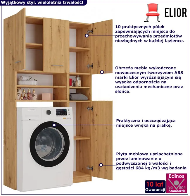 Infografika nowoczesnego kompletu mebli łazienkowych Maldu 3X dąb artisan