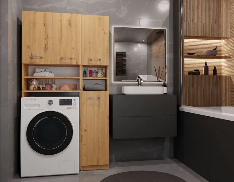 Łazienka z wykorzystaniem zestawu Maldu 3X w kolorze dąb artisan