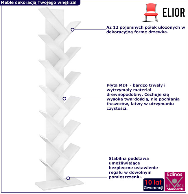 Infografika białego stojącego regału na książki Livro 4X