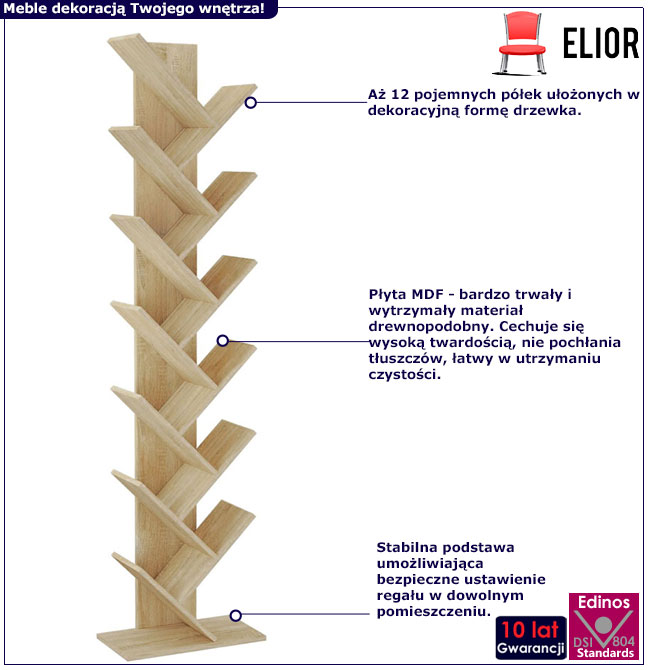 Infografika skandynawskiego regału w kształcie drzewka Livro 4X dąb sonoma
