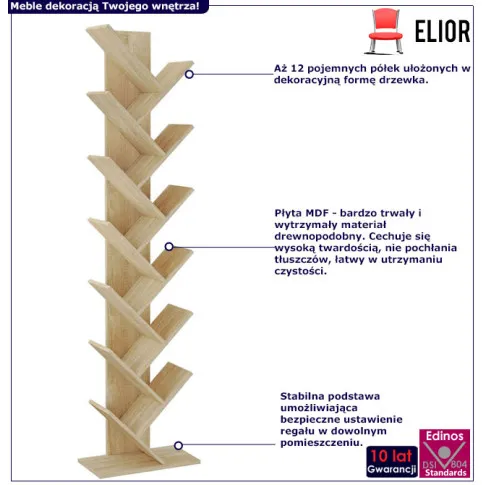 Infografika regału na książki typu drzewko dąb sonoma Figo 4X