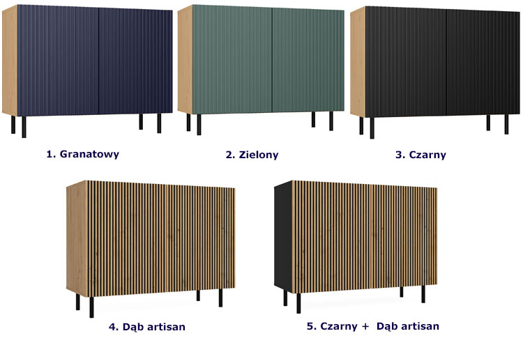 Kolory komody na nóżkach z pionowo ryflowanymi frontami Kemi 4X