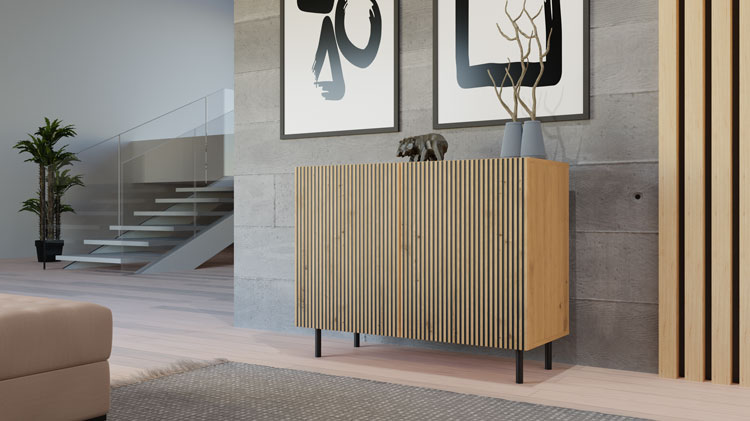 Wnętrze z wykorzystaniem nowoczesnej komody na nóżkach w kolorze dąb artisan Frea 4X