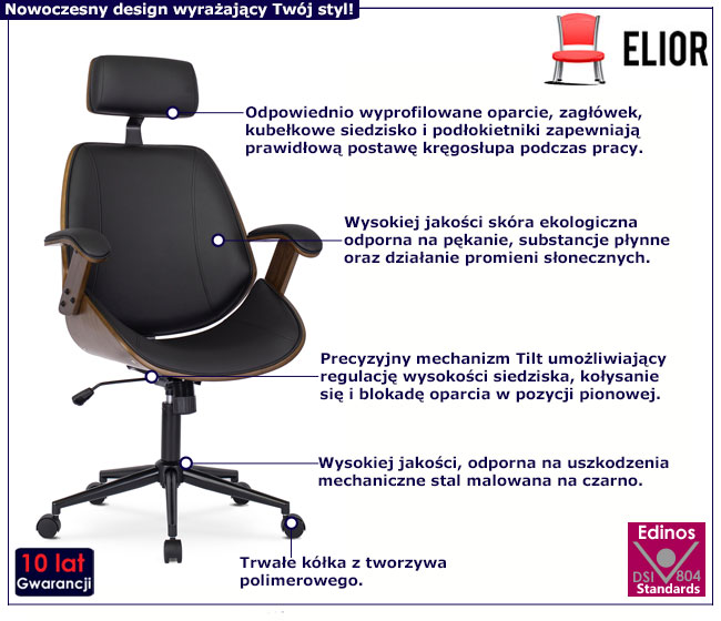 Czarny skórzany fotel do gabinetu w nowoczesnym stylu Ekno