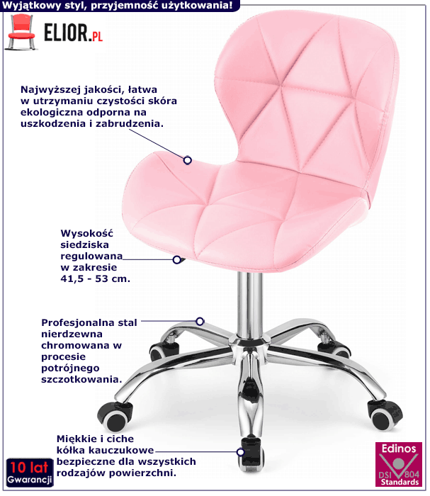 Różowy pikowany nowoczesny fotel obrotowy do pracowni Renes 3X