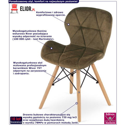 Infografika brązowego nowoczesnego krzesła tapicerowanego Zeno 4X