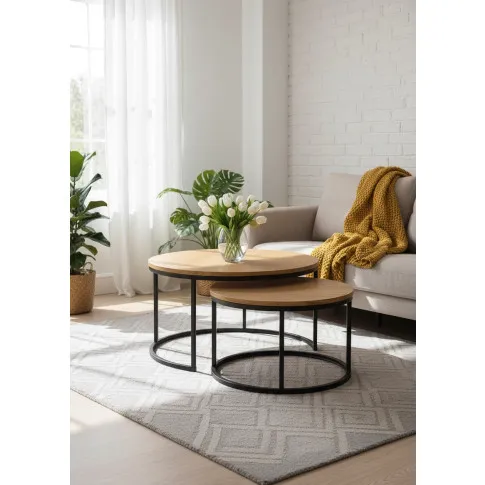 Komplet 2 okrągłych stolików do salonu dąb złoty   Redo