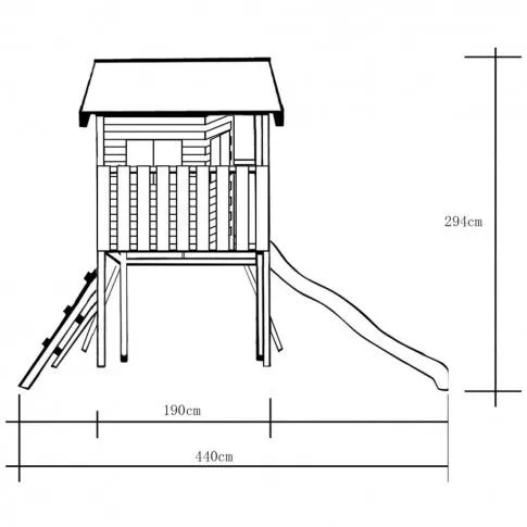 Szczegółowe zdjęcie nr 6 produktu Drewniany domek z siatką, ślizgawką i huśtawkami 560 x 440 x 294 cm
