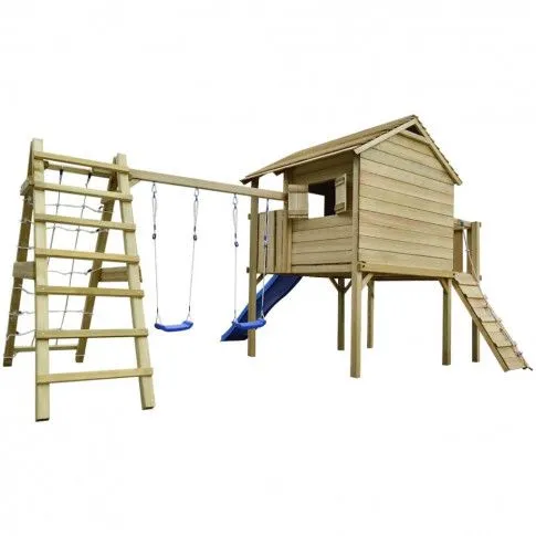 Fotografia Drewniany domek z siatką, ślizgawką i huśtawkami 560 x 440 x 294 cm z kategorii Ogród