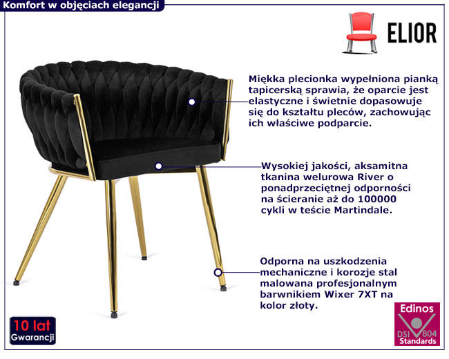 Czarne welurowe krzesło plecione z podłokietnikami Elsa