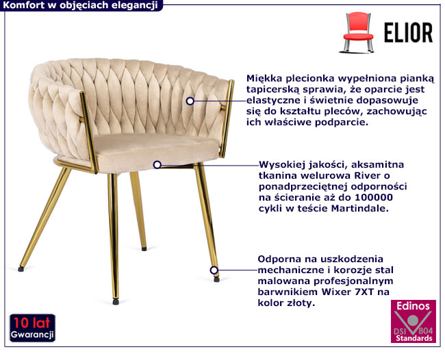 Beżowe welurowe krzesło plecione z podłokietnikami Upro