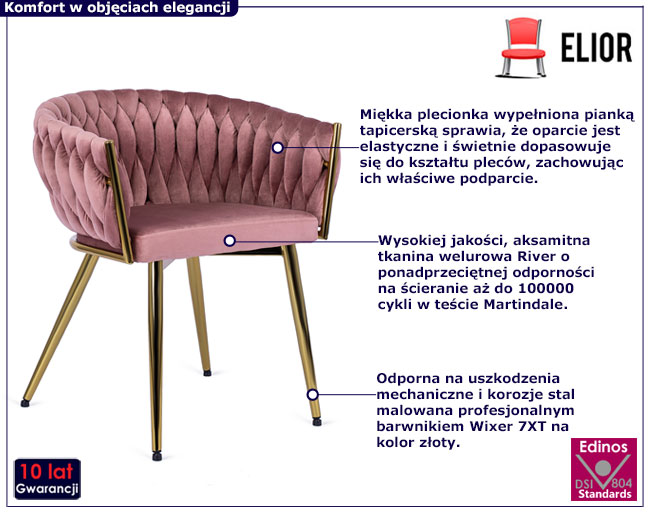 Różowe welurowe krzesło plecione z podłokietnikami Elsa