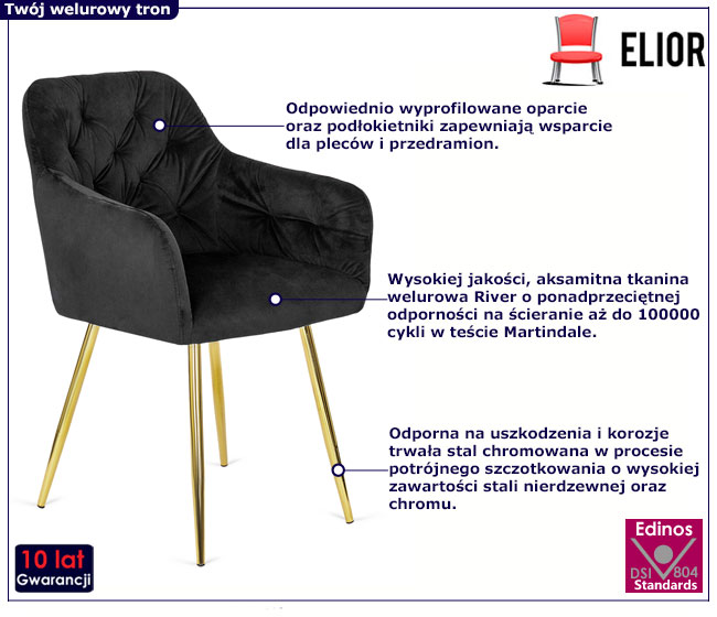 Czarne welurowe krzesło fotelowe na złotych nogach Wesario