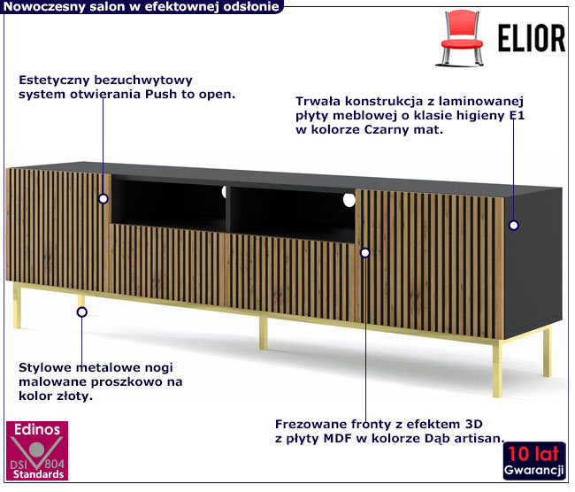 Szafka rtv z szufladami czarny +artisan + złoty Melis 11X