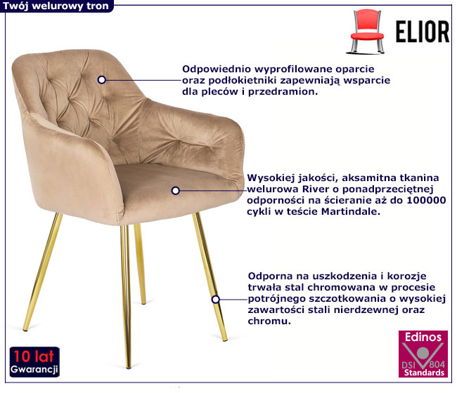 Beżowe welurowe krzesło fotelowe na złotych nogach Wesario