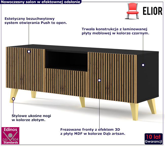 Szafka rtv  czarny + dab artisan + złote nogi Livorno 9X